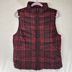 Talbots Red Black Plaid Down Puffer Vest Womens Large Full Zip Pockets